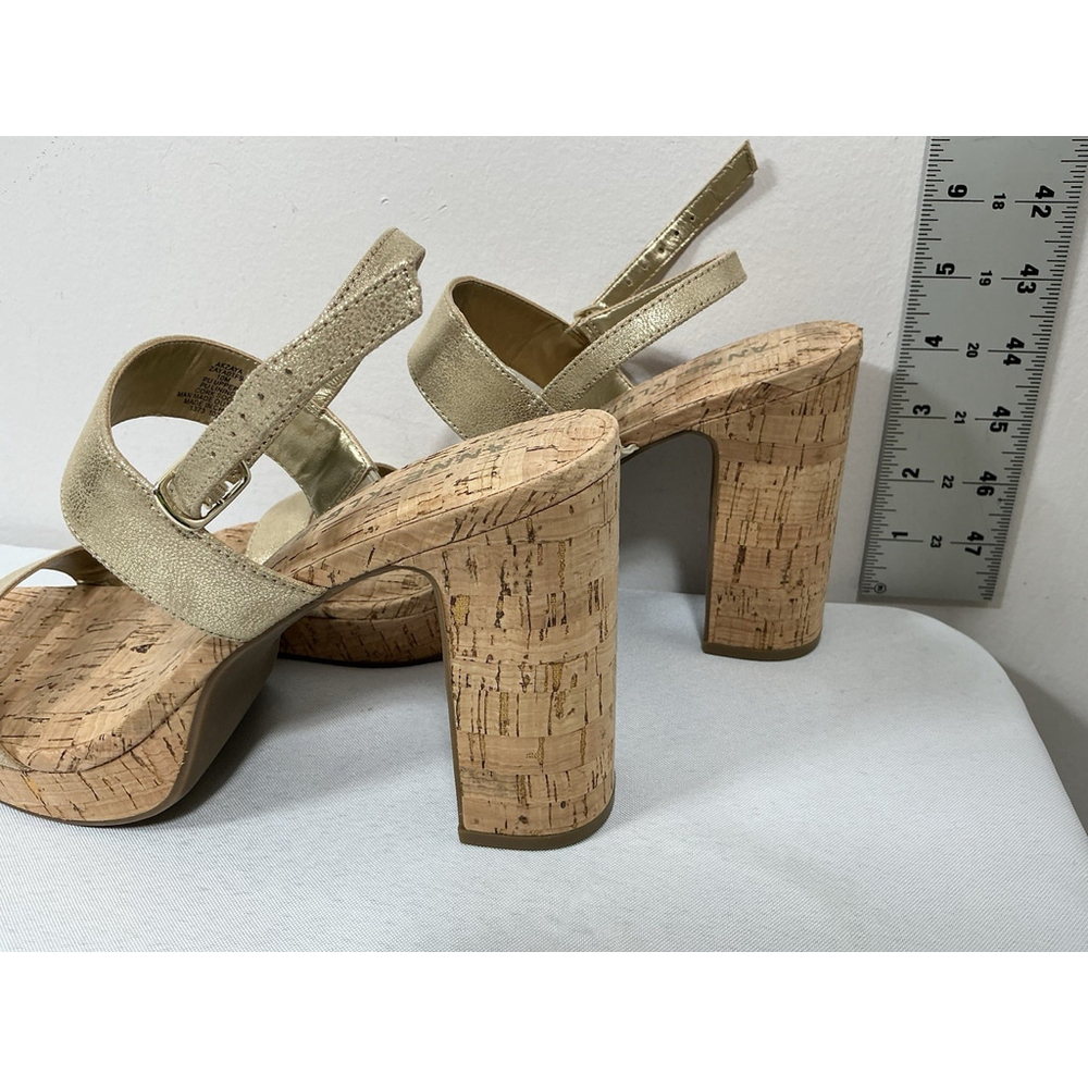 Woman’s NWOT Anne Klein Akzaya Strappy Cork Platform Sandals 10M Gold Block Heel - Picture 4 of 7